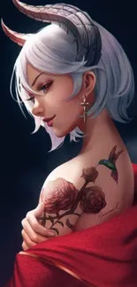 Fantasy art of a demon girl with tattoos and a hummingbird.