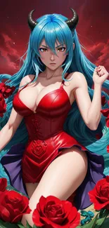 Fantasy demon girl with blue hair and red dress surrounded by roses.