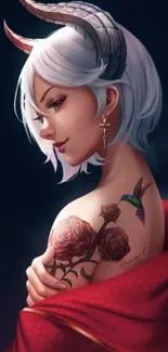 Fantasy demon girl with horns and rose tattoo, colorful mobile wallpaper.