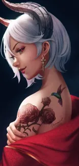 Fantasy demon girl with tattoos in vibrant mobile wallpaper design.