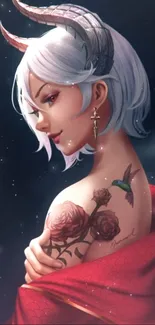 Anime demon girl with white hair and tattoos against a dark background.