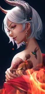 Anime demon girl with tattoos and fiery background in fantasy art style.