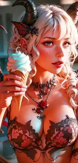 Fantasy demon girl holding ice cream cone in vibrant colors.