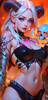 Fantasy demon queen with wings and a skull in vivid colors.