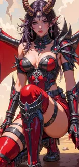 Fantasy demon warrior in red armor with wings