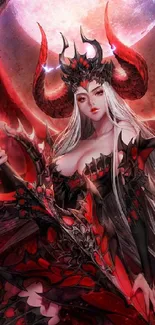 Fantasy demoness artwork with vivid red hues and intricate design.