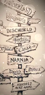 Fantasy signpost wallpaper with mystical destinations like Narnia and Hogwarts.