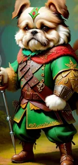 Fantasy dog warrior in green armor, standing bravely in a forest.