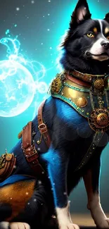 Fantasy dog with glowing orb and armor on a wooden platform.