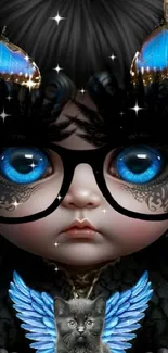 Fantasy doll with blue butterflies on a mystical mobile wallpaper.