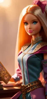 Fantasy doll with royal attire at sunset, vibrant colors.