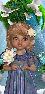 Fantasy doll holding a white flower with doves in a magical nature setting.