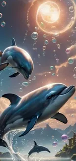 Fantasy dolphins swimming under a moonlit sky with bubbles.