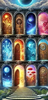 Artistic fantasy doors leading to unique worlds in a vibrant, colorful scene.