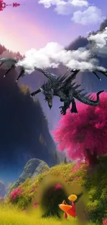 Mobile wallpaper featuring a dragon flying over a colorful fantasy landscape.