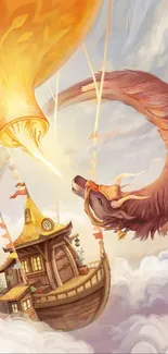 Whimsical dragon airship floating in a fantasy sky filled with clouds.