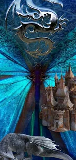 Fantasy dragon and castle wallpaper with vibrant blue hues.