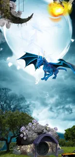 Blue dragon flying under a glowing moon in a fantasy landscape.