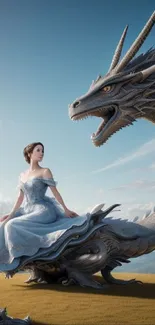 Fantasy art of a princess sitting elegantly on a dragon's tail under a blue sky.