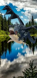 Flying dragon and shark over a reflective lake with forest.