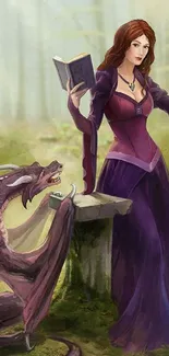 Fantasy artwork of a sorceress with a dragon in a mystical forest.