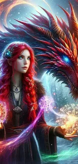 Fantasy art of a sorceress and dragon with magical symbols.