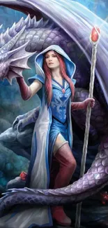 Fantasy art of a sorceress with a dragon companion.