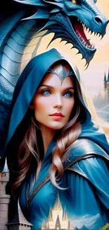 Fantasy art featuring a sorceress and a dragon over a mystical castle.