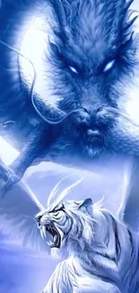 Epic fantasy scene of a dragon confronting a white tiger in blue hues.