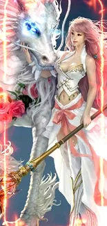 Fantasy art of a woman warrior and a white dragon with flowers.