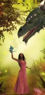 Fantasy scene with a dragon and woman in a vibrant forest setting.