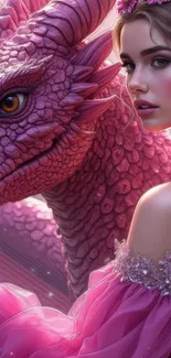 Pink dragon with a woman in fantasy art.