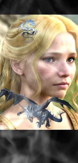 Blonde woman with dragon fantasy wallpaper.