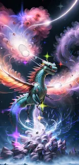 A vibrant, cosmic-themed dragon art wallpaper with fantasy elements.