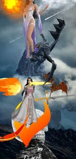 Fantasy scene with sorceress and dragon, set against a mystical cloudy backdrop.