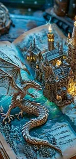 Intricate dragon and castle scene, captured in a fantasy artwork.