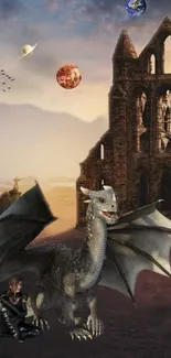 A majestic dragon and ancient castle in a fantasy landscape with planets above.