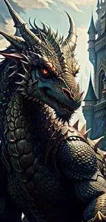 Majestic dragon in front of a towering castle.