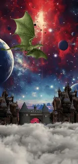 Green dragon flying over a majestic castle with a cosmic red and blue backdrop.