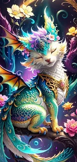 Fantasy dragon cat with flowers and vibrant colors wallpaper.