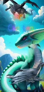 Fantasy dragon celebrating Christmas with a blue sky backdrop.