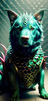 Fantasy dragon dog with colorful teal scales.