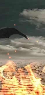 Dragon flying over fiery cracked earth under a dark, cloudy sky.