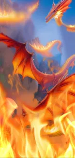 Vivid dragon gliding over flames in a fantasy-themed wallpaper.