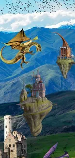 Fantasy wallpaper with floating islands and dragons over mountains.