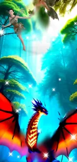 Fantasy wallpaper featuring a dragon in a mystical forest with vibrant colors.