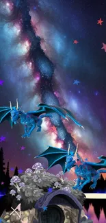 Fantasy galaxy wallpaper with blue dragons and stars.