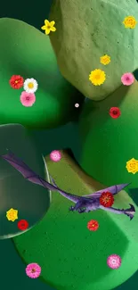 Whimsical purple dragon flying over green stones with colorful flowers.