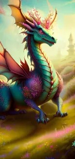 Fantasy dragon in a colorful, enchanted field landscape.