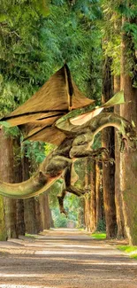 Majestic dragon soaring in a lush forest path, creating a fantasy adventure scene.